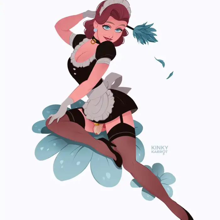 Queer Single Custom Erotic Illustration by kinky carrot depicting Nadja in a french maid dress and chastity cage