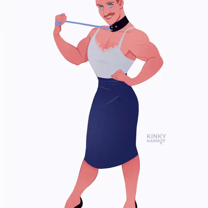queer empowering single custom illustration by kinky karrot depicting a muscular man in feminine dress and submissive collar