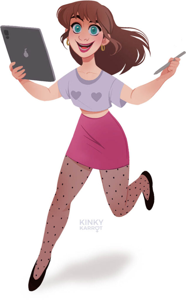 dynamic Cartoon Drawing of Berlin Artist Marie Sann holding a drawing tablet and pen