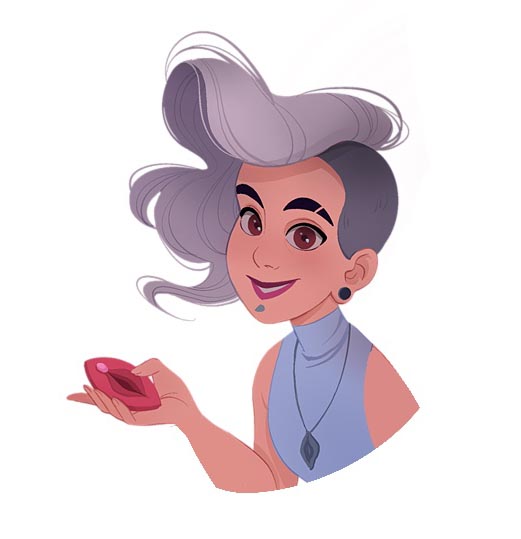 Sam, a queer and intuitive sex educator character from Kinky Karrot, looking thoughtful – representing anatomy, ritual, and female pleasure.
