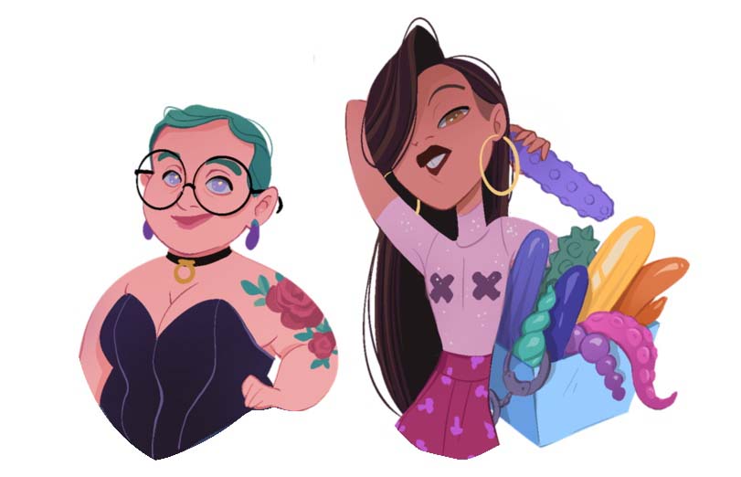 Stella (a trans woman) and Meg (non-binary), the queer toyshop duo from Kinky Karrot – stylish, joyful, and promoting inclusive pleasure products.