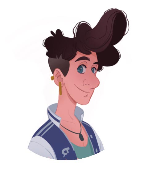 Theo, a gentle and emotionally open male character from Kinky Karrot, with a soft expression – exploring non-toxic masculinity and intimacy.