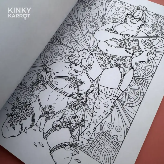 Femdom Kinky Karrot illustration in floral adult coloring book