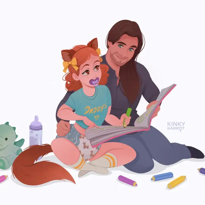 custom age-play illustration – adult girl coloring while Daddy reads, soft caregiver/little dynamic