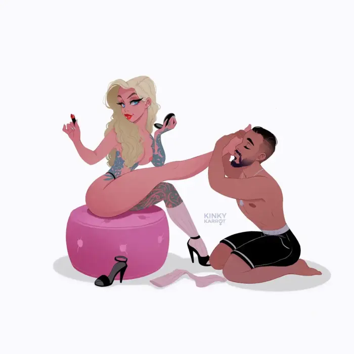 queer-friendly couple custom erotic illustration – woman on stool applying lipstick while man kisses her foot in foot fetish scene