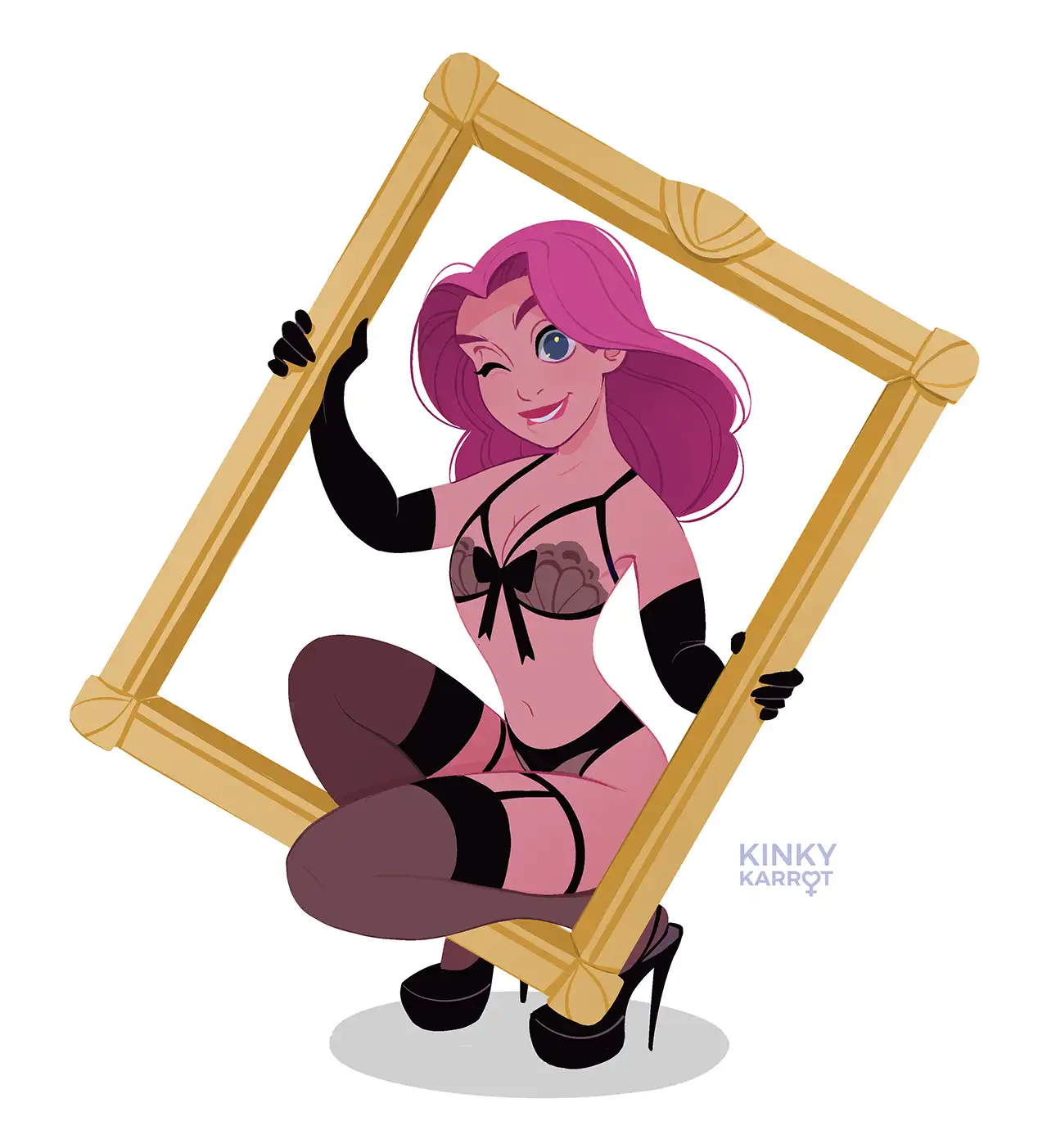 Lizzy from Kinky Karrot holding a golden frame – representing the concept of custom erotic illustrations and kinky portraits
