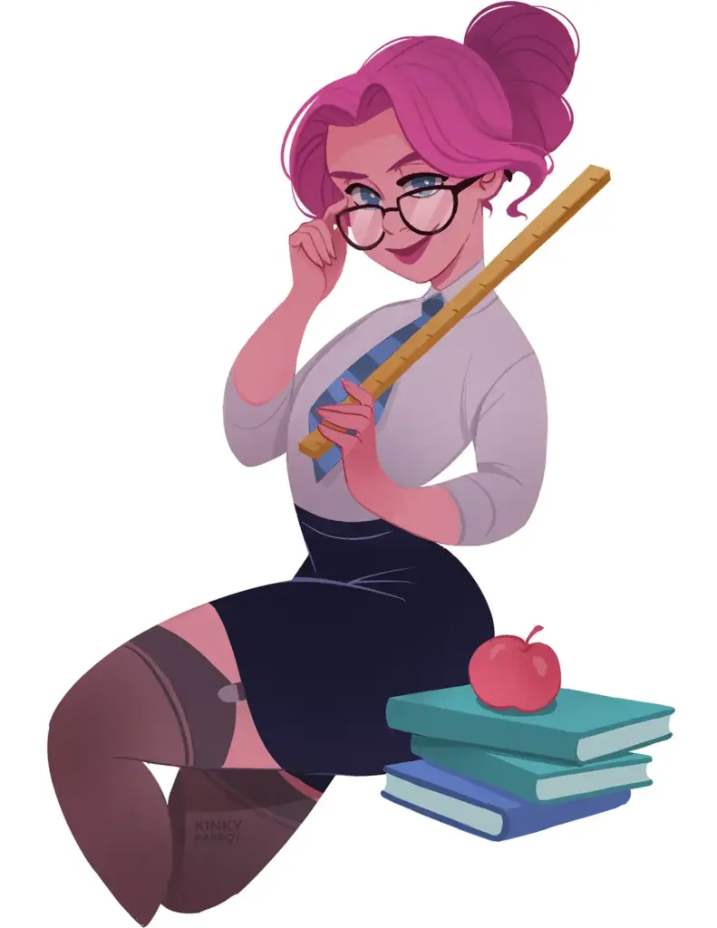 Illustration of Lizzy as a playful teacher with glasses and ruler – hero image of the Kinky Karrot sex-positive blog.