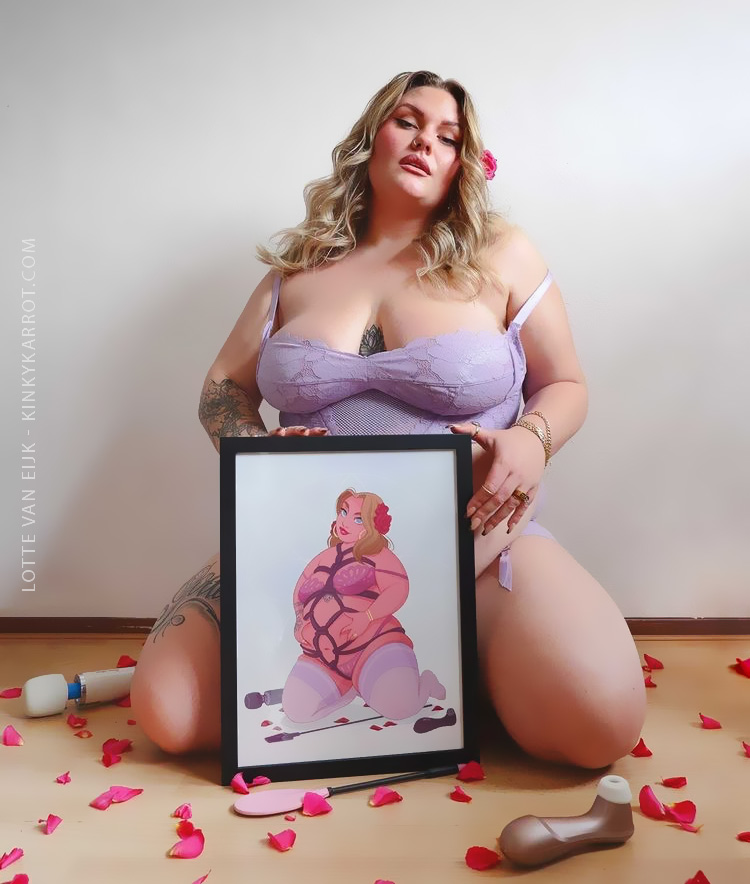 Lotte Van Eijk proudly showing her custom erotic portrait by Kinky Karrot – confident, sex-positive and powerful