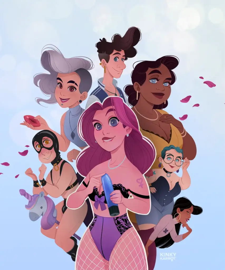 Kinky Karrot sex-positive cartoon Group picture newsletter cover artwork
