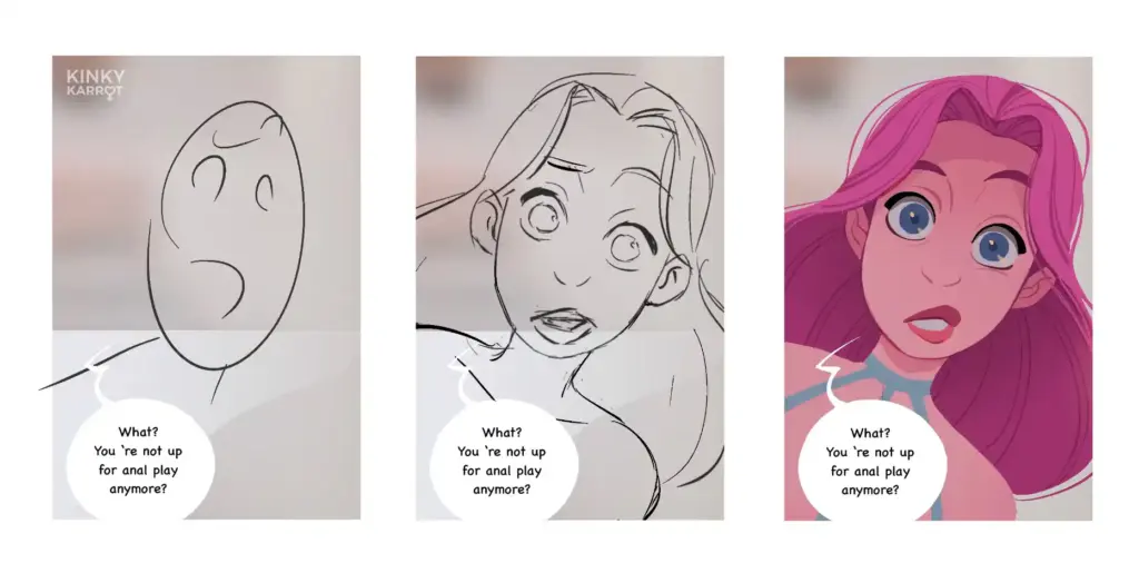 Visual evolution of Lizzy, the main character of Kinky Karrot’s sex-positive graphic novel – from rough sketch to final colored panel