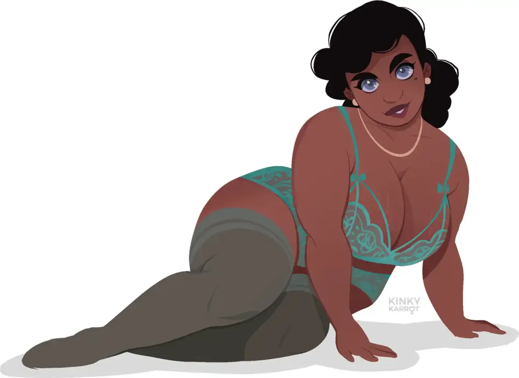 sexy cartoon character Elva presenting sex-positive erotic art and empowerment products in the Kinky Karrot online shop