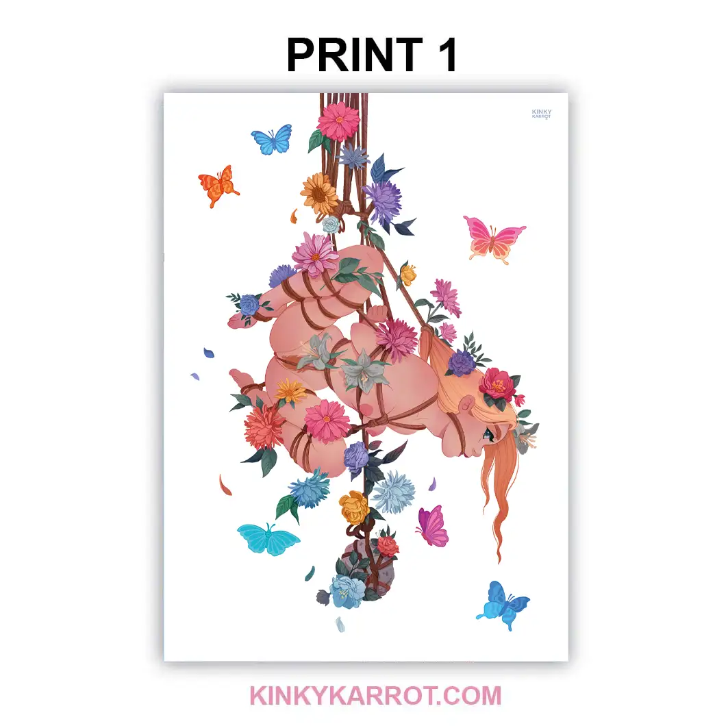 Erotic flower bondage art print showing shibari rope suspension and colorful blossoms
