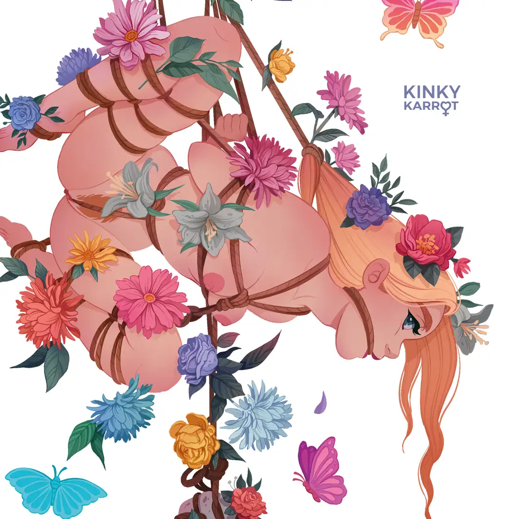A4 art print of a nude figure in rope bondage adorned with flowers and butterflies