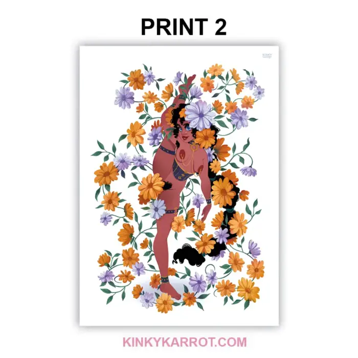 Shibari art print of a dark-skinned woman in bondage surrounded by yellow and purple flowers, combining erotic elegance with floral aesthetics.