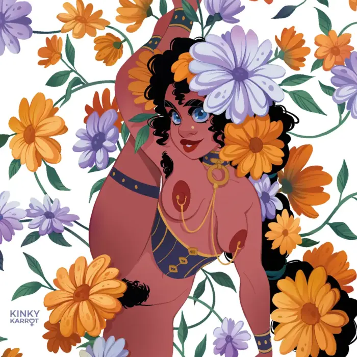 Shibari art print of a dark-skinned woman in bondage surrounded by yellow and purple flowers, combining erotic elegance with floral aesthetics.