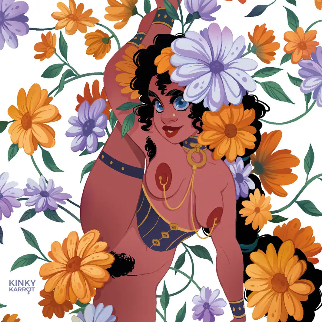 Shibari art print of a dark-skinned woman in bondage surrounded by yellow and purple flowers, combining erotic elegance with floral aesthetics.