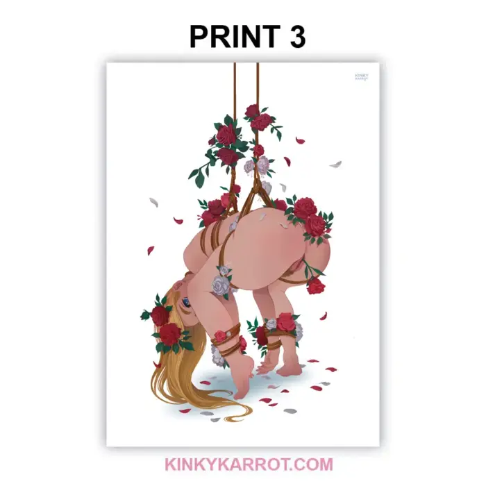 Shibari art print showing a suspended nude figure tied in rope with red and white roses entwined