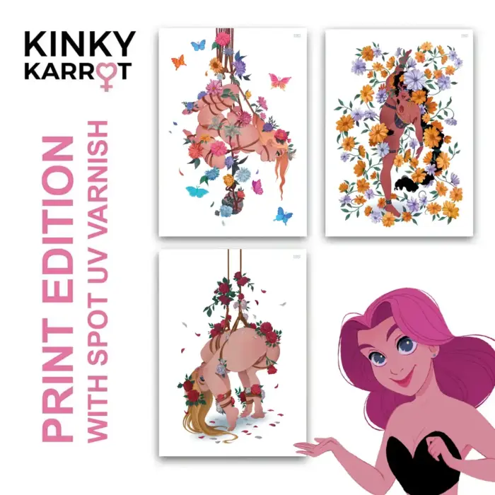 Kinky Karrot characters in floral suspension – erotic shibari art print set