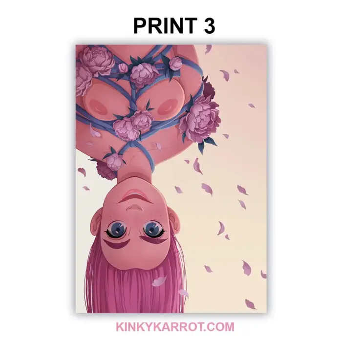 Upside-down rope harness pose with flowers – graphic novel art print