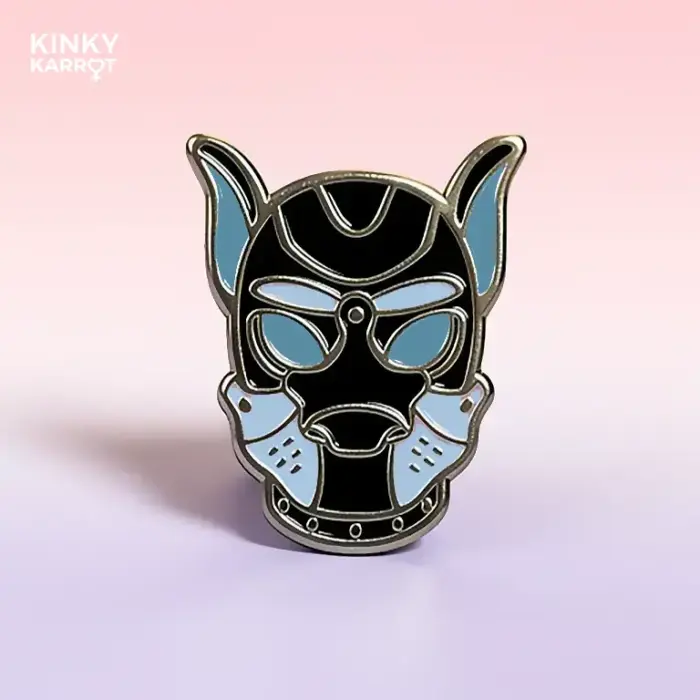 puppy play enamel pin in blue with glossy metal and rubber back