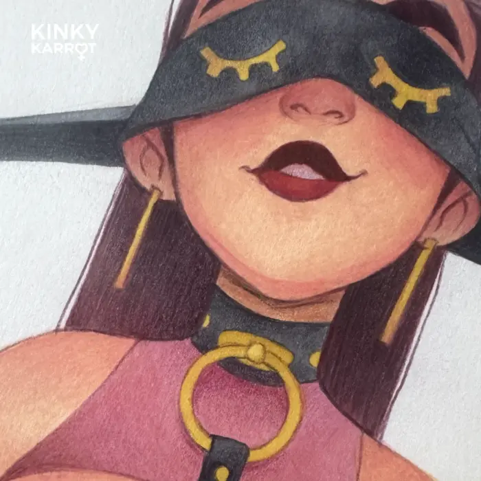 bdsm girl artwork – close-up of blindfold and collar