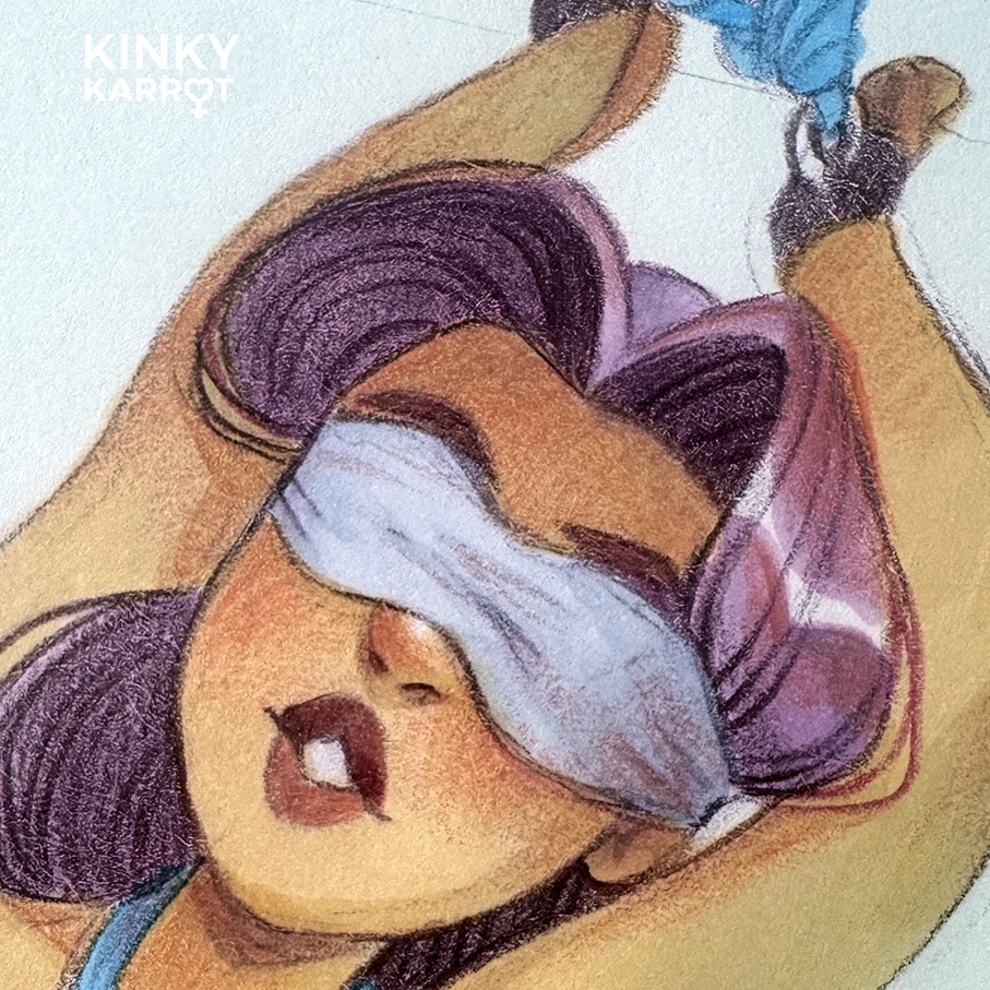 Erotic original Shibari Art Illustration featuring bound and blindfolded Comic Character Lizzy – original Kinky Karrot artwork