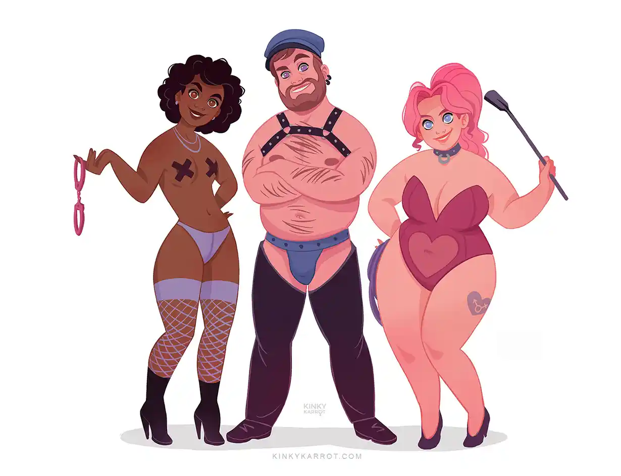 About Kinky Karrot comic illustration depicting a group of self-confident kinksters celebrating body diversity
