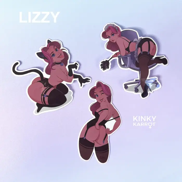 Sticker set featuring Lizzy in three sexy outfits on pastel background