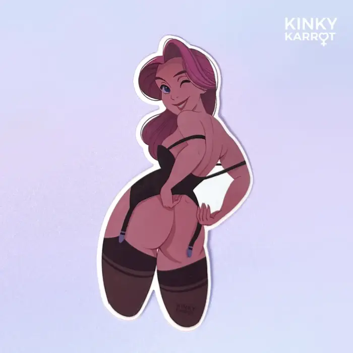 Vinyl sticker of Lizzy winking and pulling on her black lingerie straps