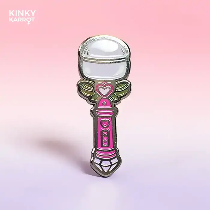 Glossy pink and white magic wand enamel pin with wings and hearts