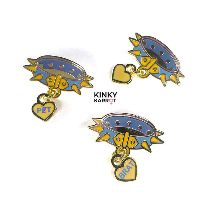 Three collar pins in blue with different dangling hearts: BRAT, PET, and blank