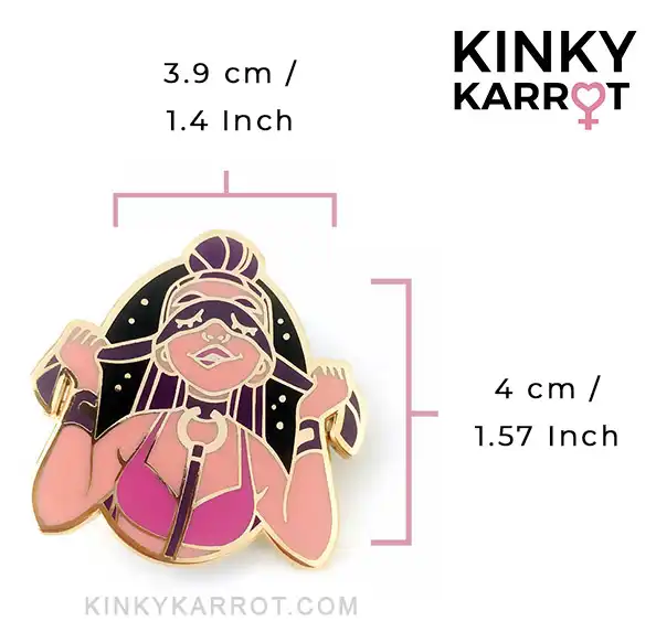 size guide for blindfold enamel pin – 4 cm by 3.9 cm with kinky character illustration