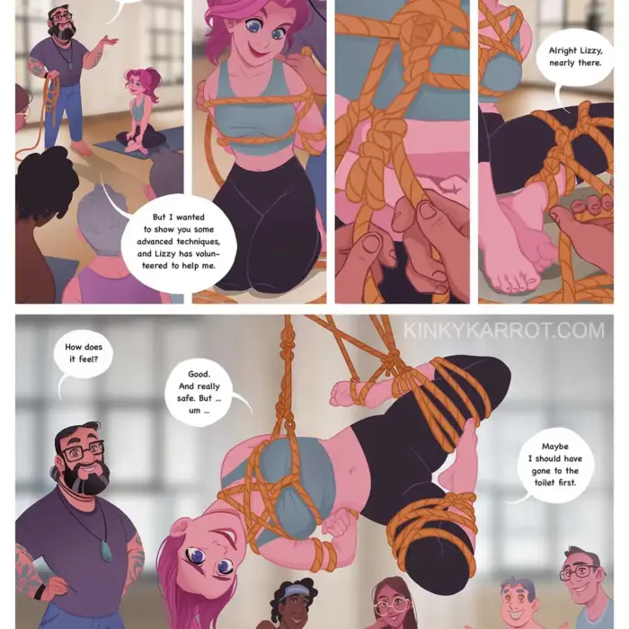 kinky karrot comic page depicting a Playful Sex Ed shibari scene encouraging Creative Self-Discovery with cartoon character Lizzy