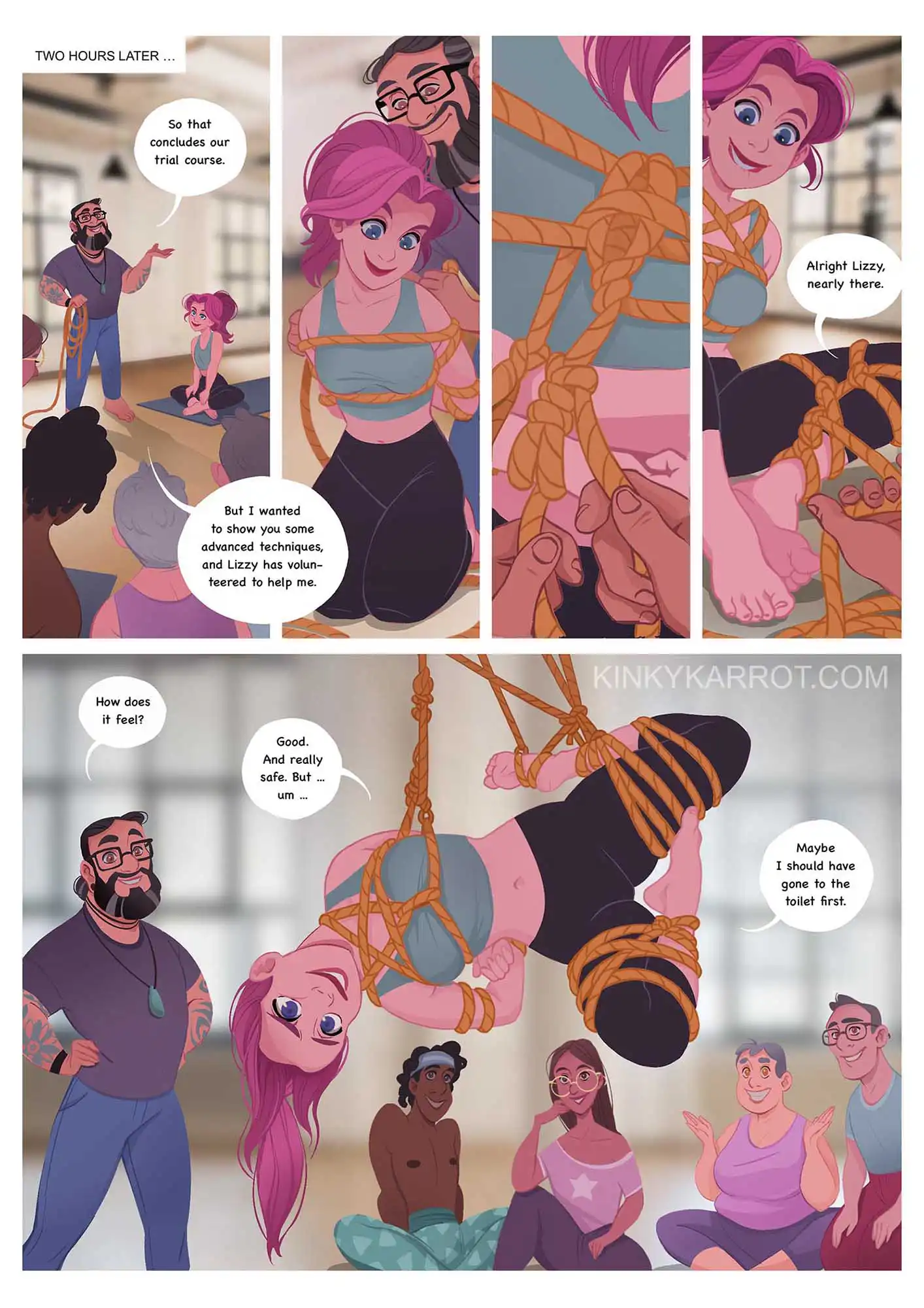 kinky karrot comic page depicting a Playful Sex Ed shibari scene encouraging Creative Self-Discovery with cartoon character Lizzy