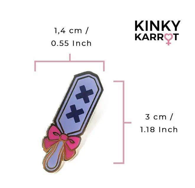Size reference image showing Spanking Paddle Enamel Pin dimensions: 3 cm long and 1.4 cm wide.