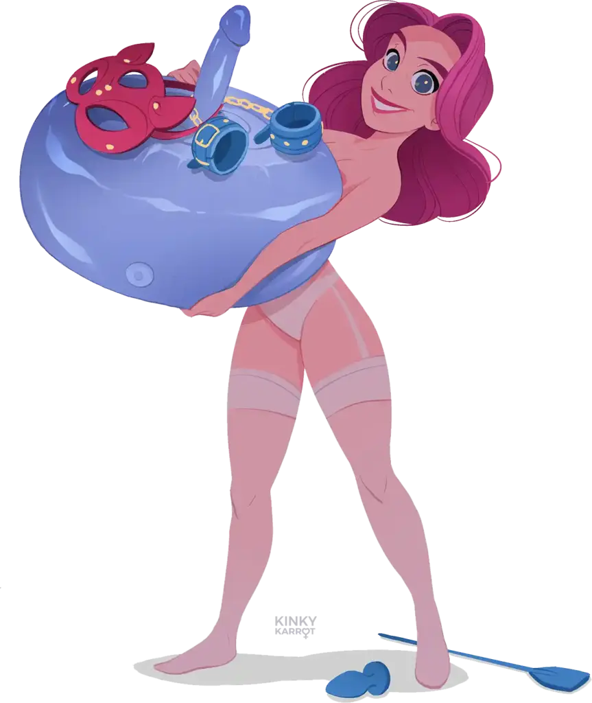 Lizzy from Kinky Karrot smiling while holding sex-positive erotic art and empowerment products, including kinky items and pleasure accessories.